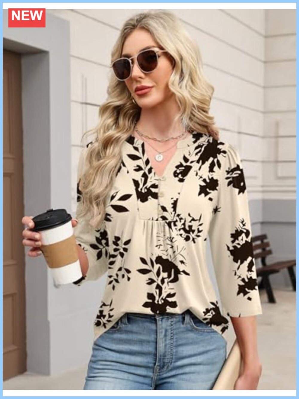 Womens 3/4 Sleeve Henley V-Neck Blouse Pleated Curved Hem - Picture 3 of 6